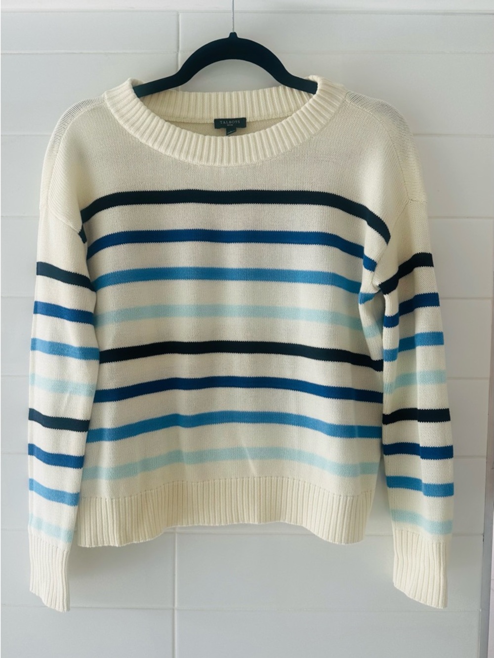 Talbots Cream and Blue Boxy 💯 Pima Cotton Striped Sweater - Picture 8 of 9